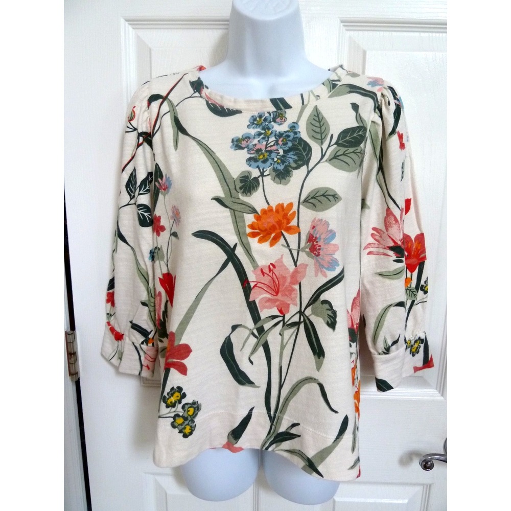 *LOFT Sz L, 12/14 Puff 3/4 Sleeve Top Heavy Cotton Floral Cropped Tropical*